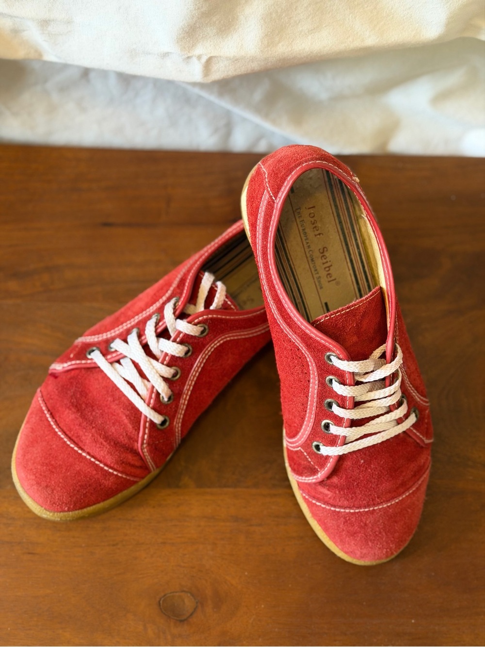 Josef Seibel Red Suede Lace-Up Women's Sneakers with White Laces